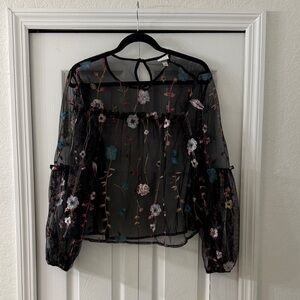 a new day Black Sheer Top with Floral Embroidery